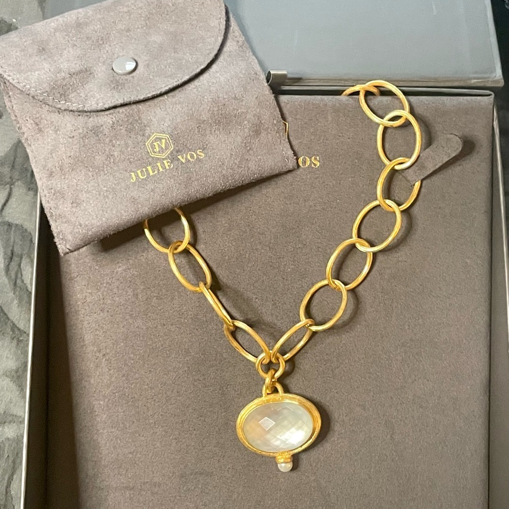 Julie Vos NWT GOLD large link statement, necklace w/ bezel and Pearl drop!